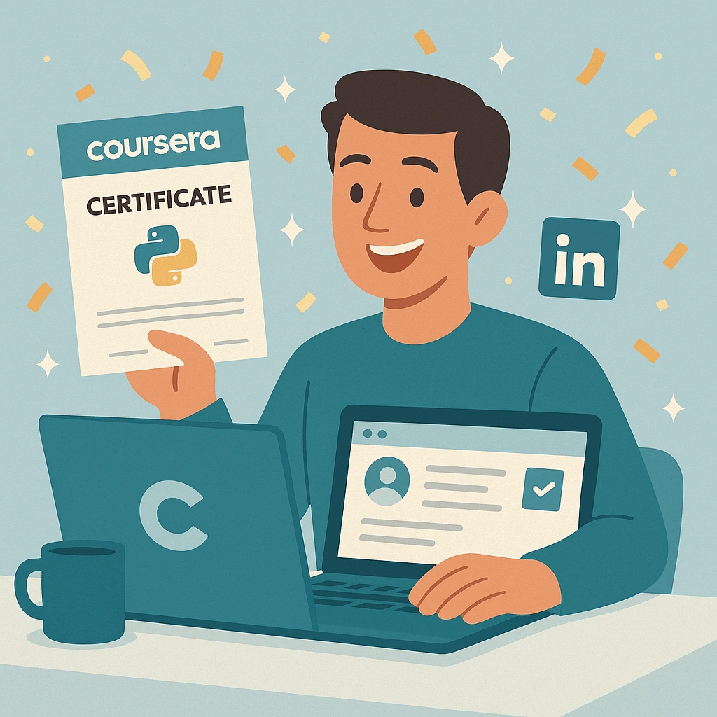 Coursera Python Certificate and LinkedIn Job Boost Flat illustration of a graduate holding a Python course certificate from Coursera, with their LinkedIn profile showing a new job badge and celebratory confetti in the background.