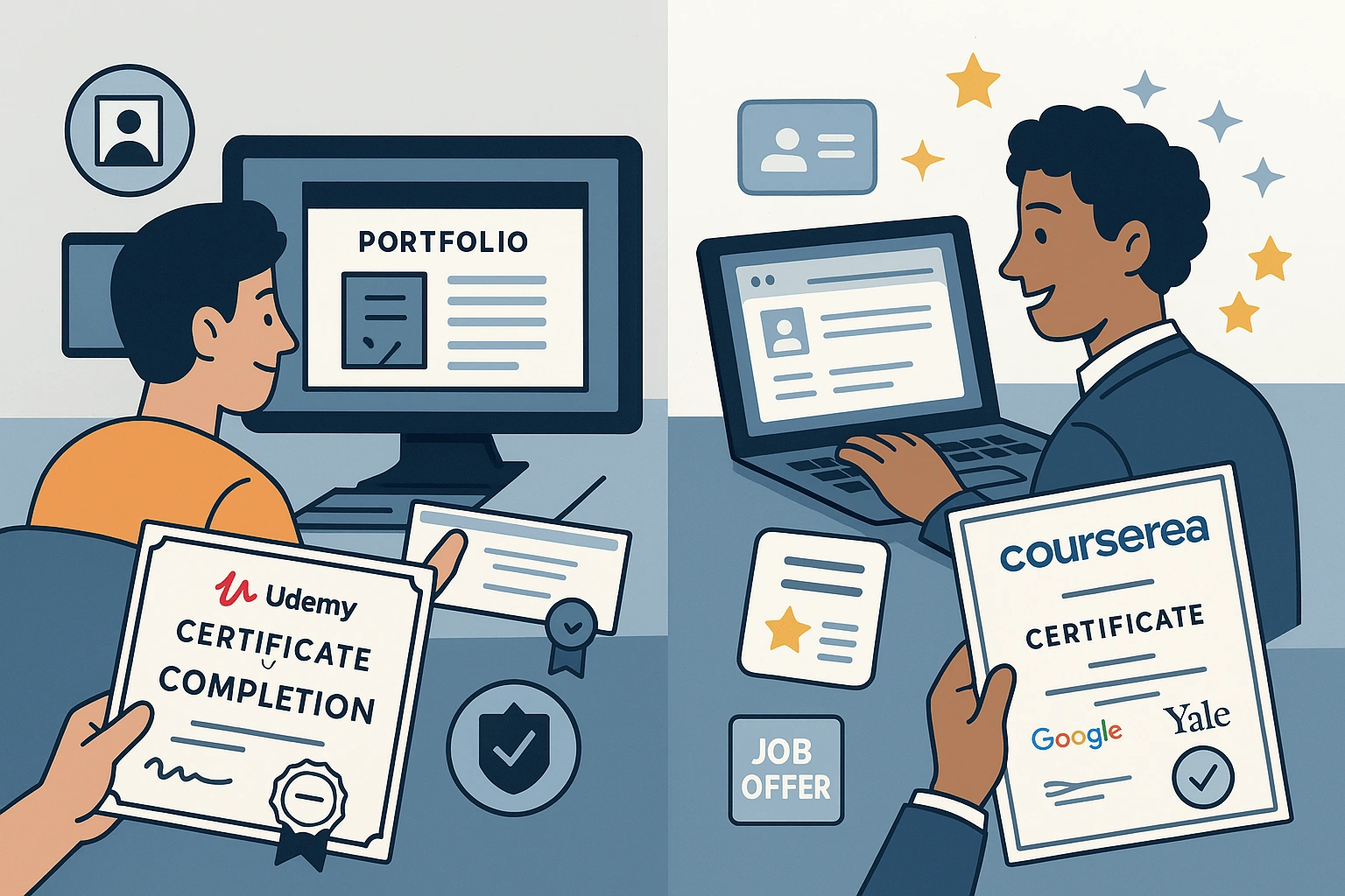 Coursera vs Udemy Certification Value Comparison Split-screen flat illustration of a freelancer adding a Udemy certificate to their portfolio and a job seeker uploading a Coursera certificate to LinkedIn, with icons for resume, job offer badge, and success stars.