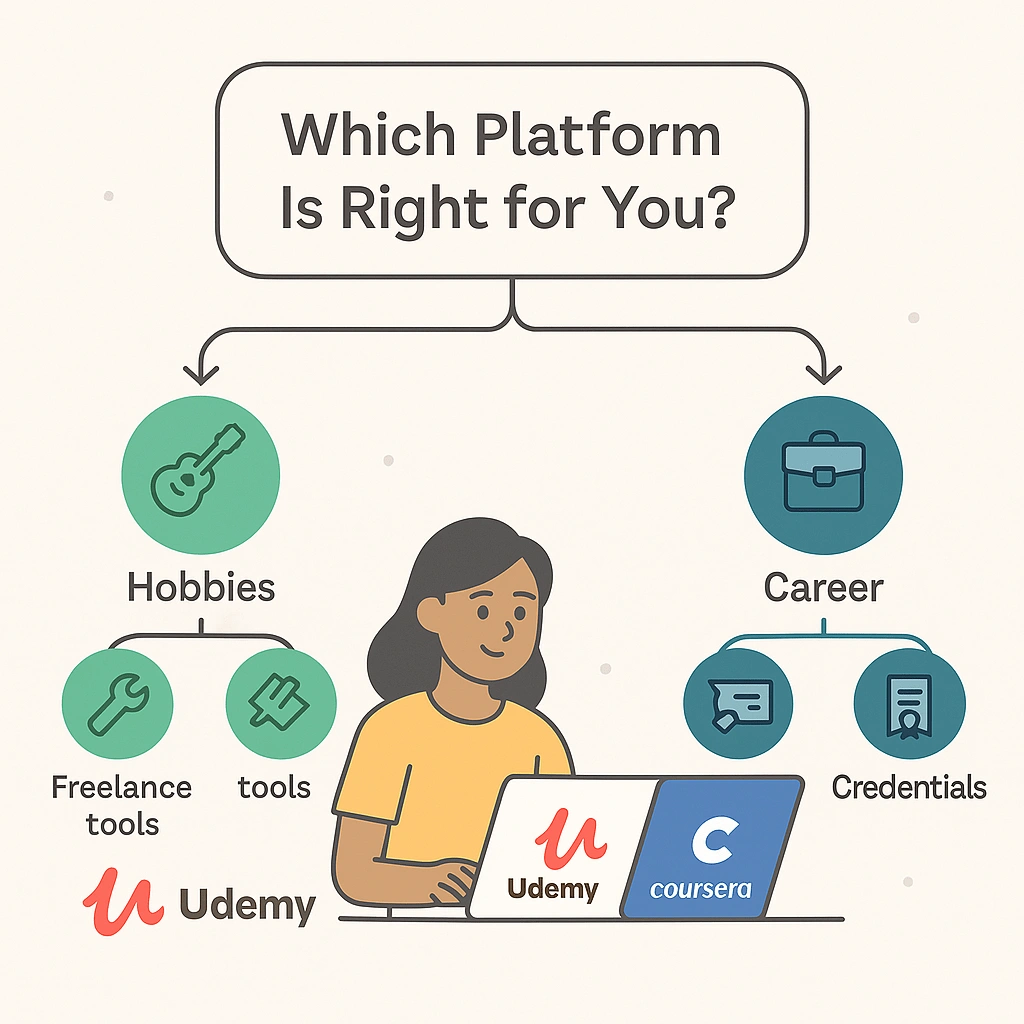 Decision Tree for Choosing Udemy or Coursera Flat digital infographic with a central question “Which Platform Is Right for You?” featuring branching paths for Udemy (freelance, hobbies) and Coursera (career, certifications), visually representing different learner profiles.