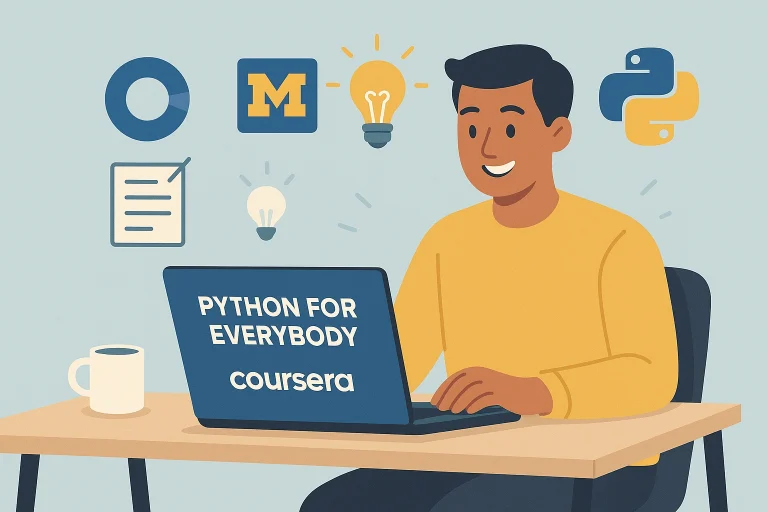 Flat-style illustration of a smiling student using a laptop with the “Python for Everybody – Coursera” screen, surrounded by Coursera and University of Michigan logos, a Python symbol, and beginner-friendly icons like a coffee mug and light bulb.