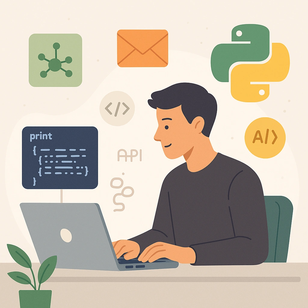 Python in Real Life Automation with APIs Flat-style illustration of a young professional automating tasks with Python. Their laptop screen shows code output with JSON and web scraping, surrounded by floating icons for data science and APIs.