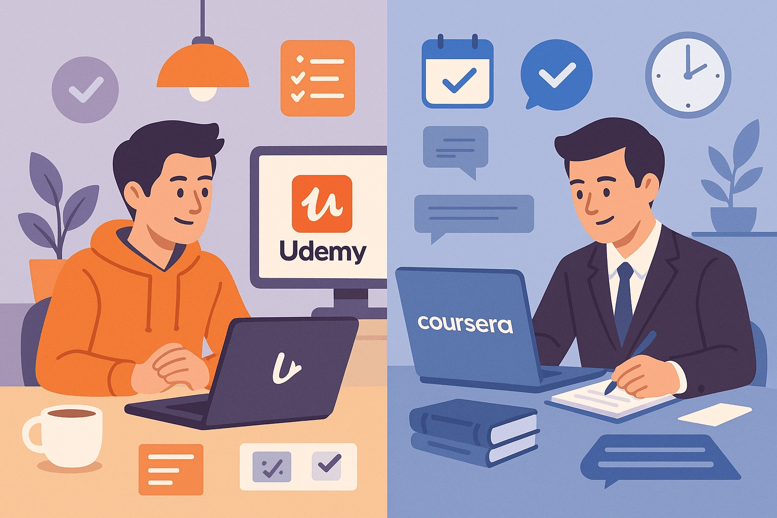 Udemy vs Coursera Home Learning Styles Flat scene of two home offices: casual learner in a hoodie watching Udemy tutorials, and a focused student in formal attire taking Coursera notes, with icons for play buttons, checklists, and calendars representing learning style differences.