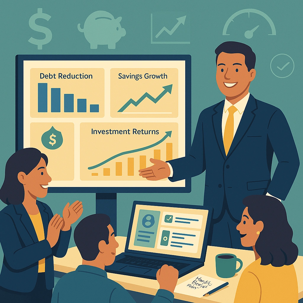 Flat cinematic illustration of a professional presenting finance progress charts with graphs for debt, savings, and investments, symbolizing financial success and confidence.
