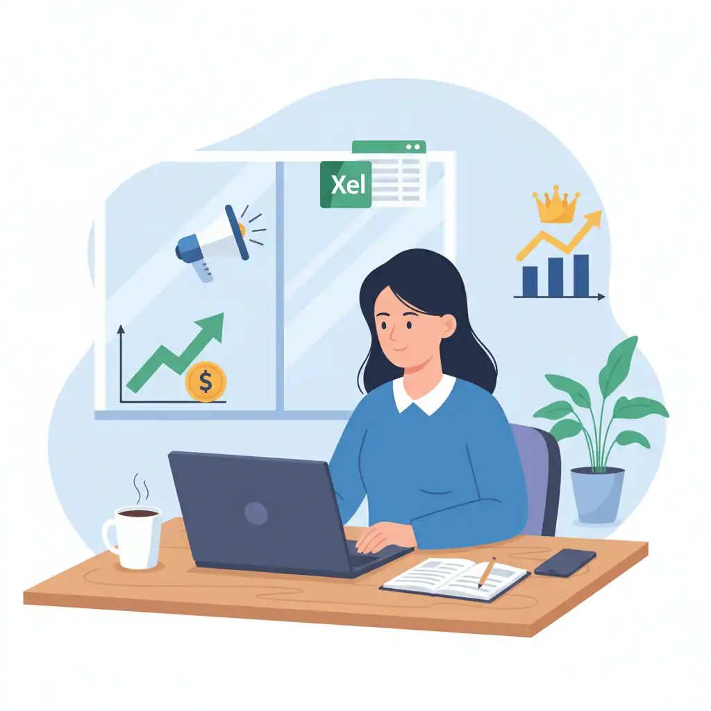 Analyzing Business Strategy and Finance Skills Flat illustration of a person reviewing business charts on a laptop, surrounded by icons for marketing, Excel, finance growth, and leadership tools