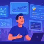 Flat-style digital illustration of a learner surrounded by data charts, Python code, and AI icons, symbolizing online data science and AI courses for 2025.