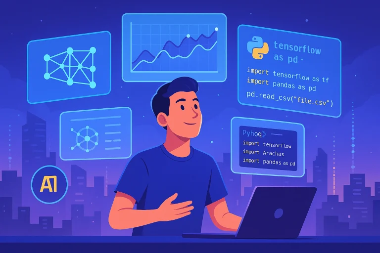 Flat-style digital illustration of a learner surrounded by data charts, Python code, and AI icons, symbolizing online data science and AI courses for 2025.