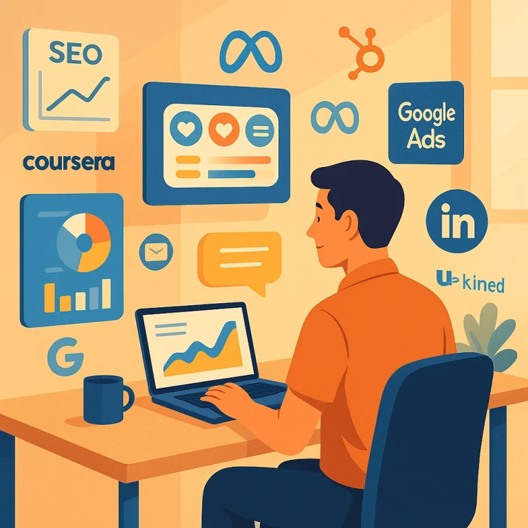 Flat digital illustration of a digital marketing student surrounded by floating dashboards and icons for SEO, social media, and analytics, symbolizing online learning in 2025.