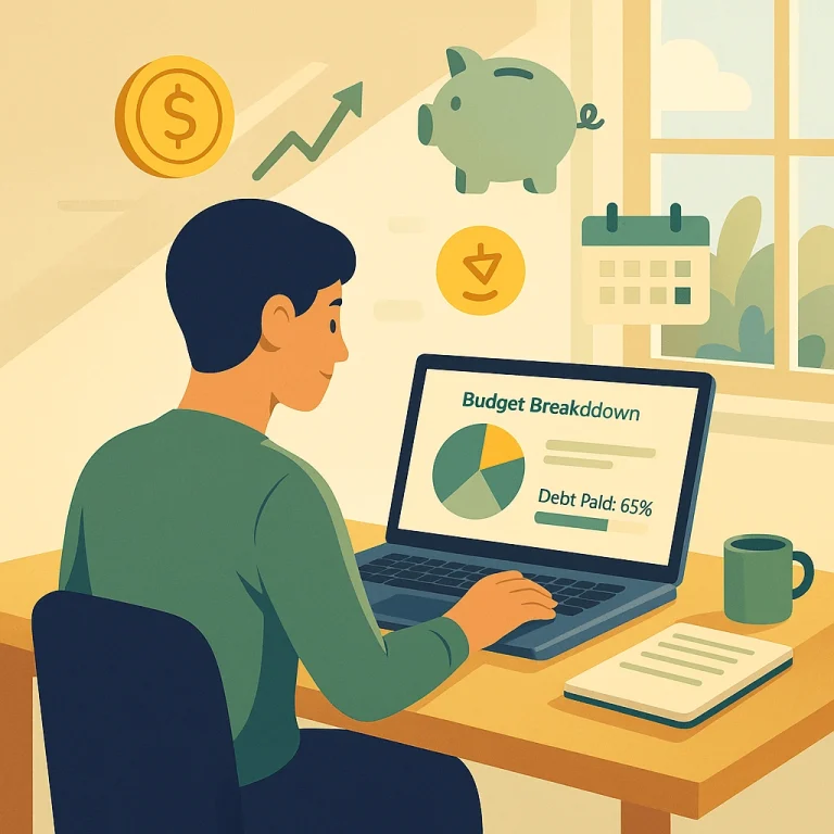 Flat digital illustration of a learner managing personal finances on a laptop surrounded by budgeting, savings, and investing icons in a bright, modern setting.