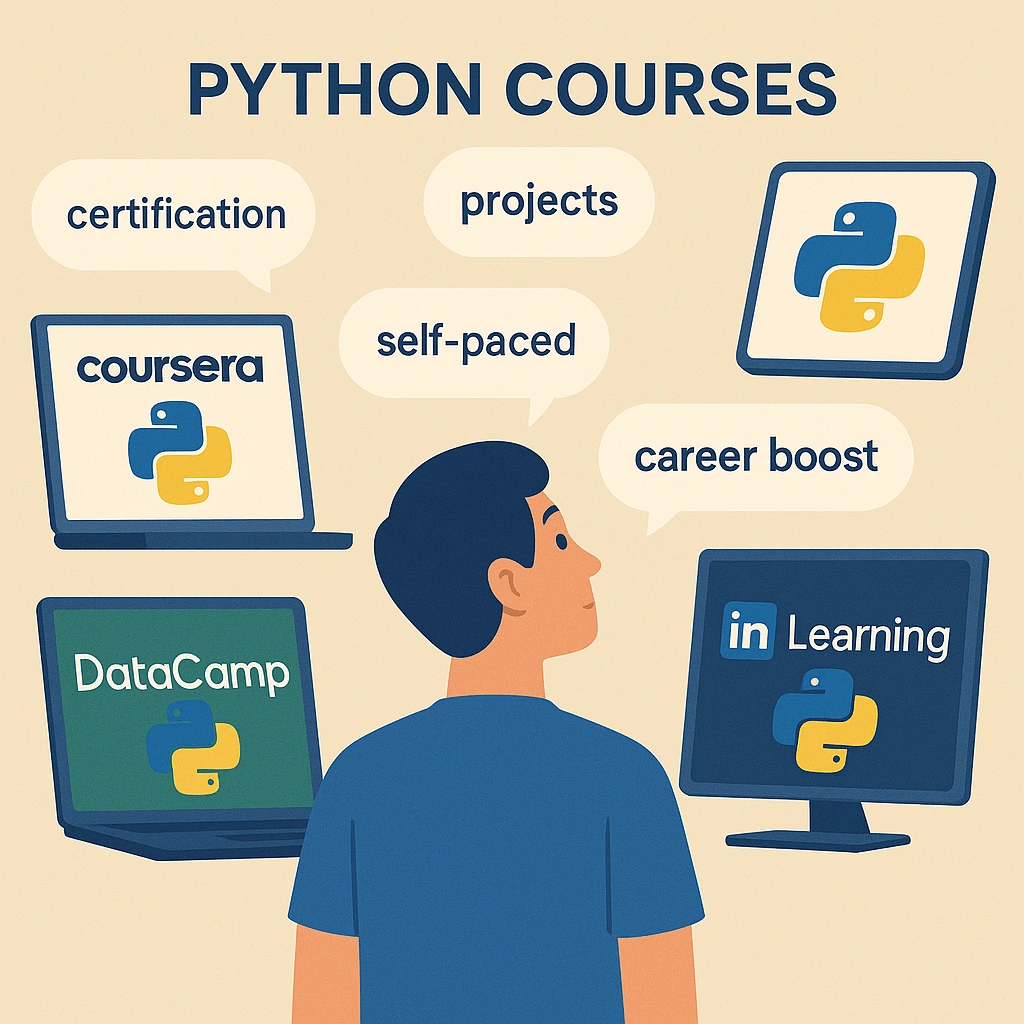Best Python Courses for Beginners – Learn Coding Online (2025) Flat-style digital illustration of a new Python learner studying at a desk with a laptop showing a “print()” statement, surrounded by icons for syntax, variables, and learning. Cozy workspace vibe in blue and green tones.