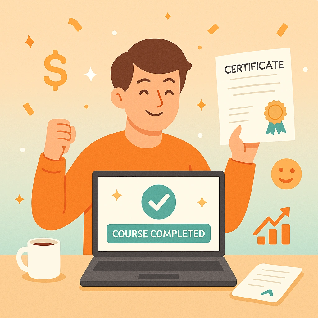happy learner holding a printed certificate with confetti and growth icons in the background, after completing a business course online