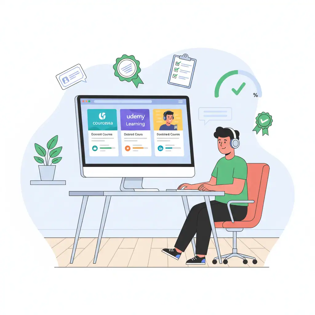 Flat vector image of a learner browsing Coursera, Udemy, and LinkedIn Learning on a desktop with certification icons and progress checklist