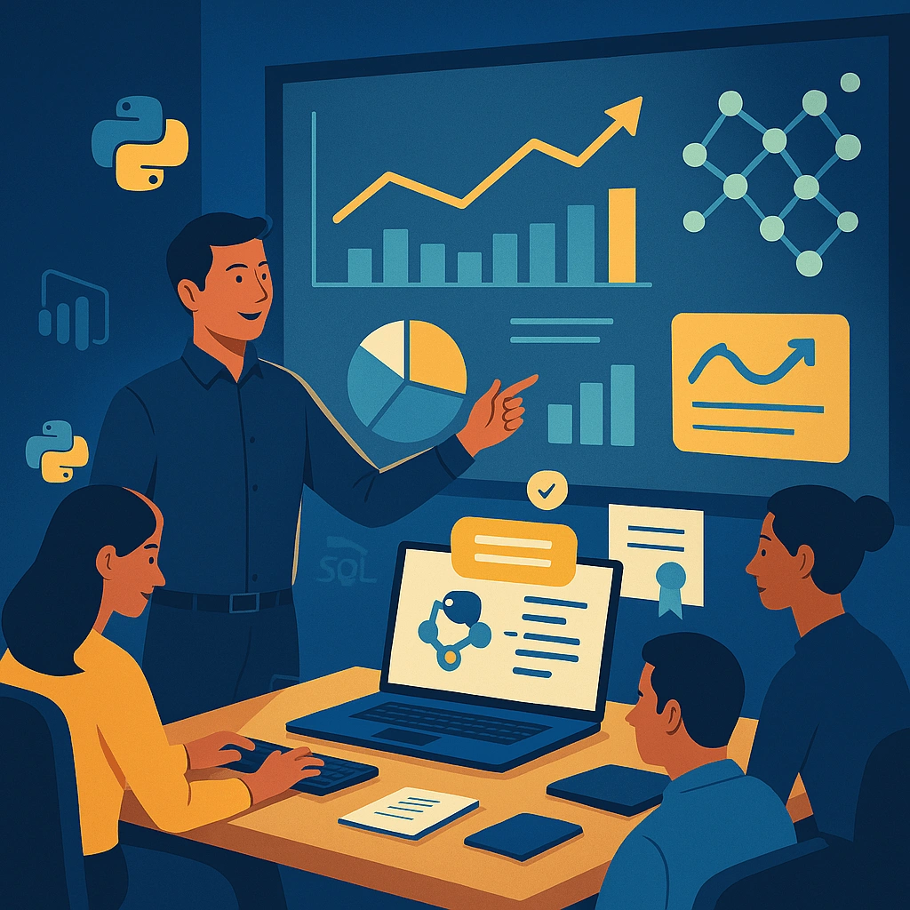 Data Science Careers After Online Learning – 2025 Opportunities Flat digital illustration of a data science graduate presenting AI dashboards in an office setting, symbolizing new career opportunities after completing online data science courses.