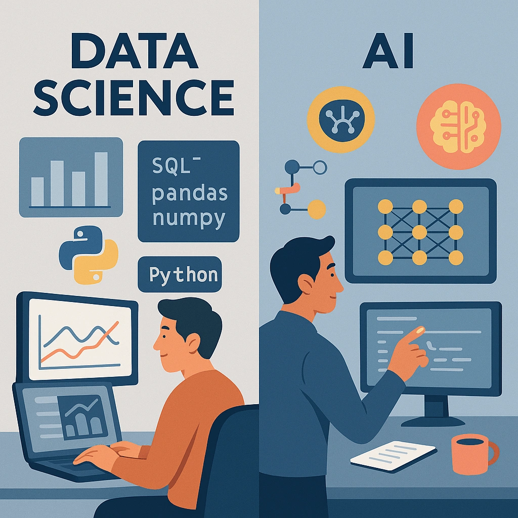 Data Science vs AI – What’s the Difference (2025) Split-scene flat illustration comparing a data scientist working with Python and an AI engineer building neural networks, showing key differences between data science and artificial intelligence.
