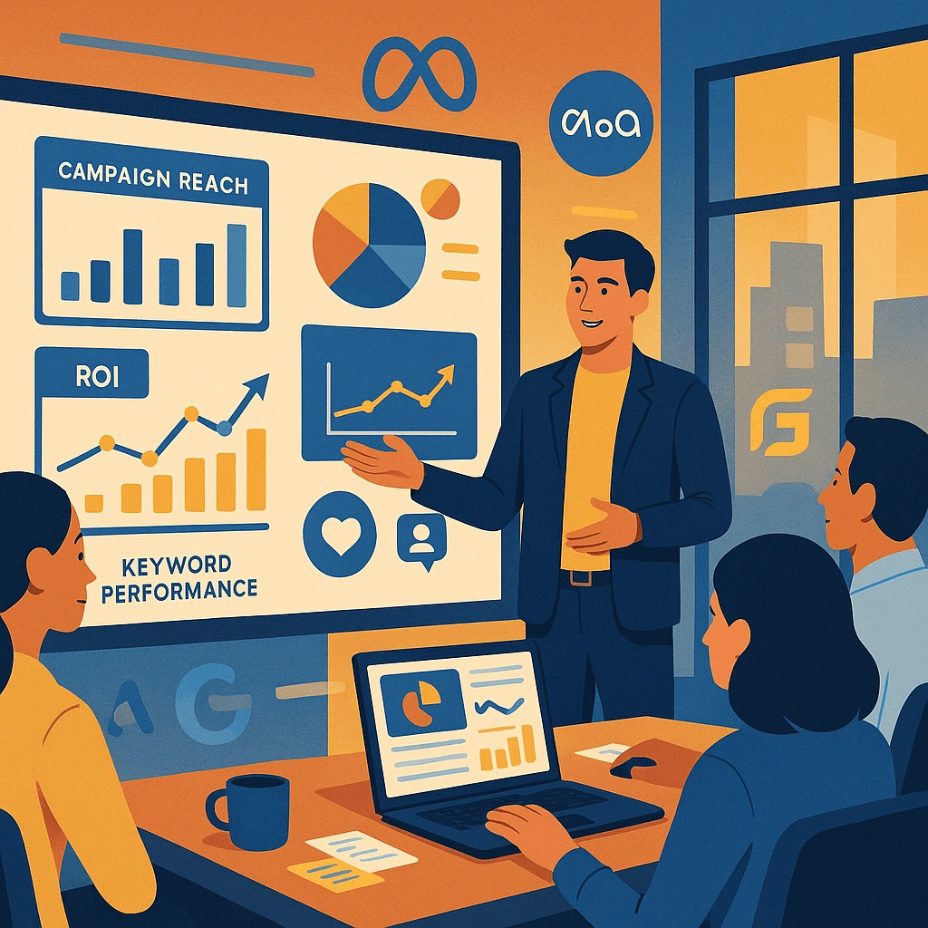 Flat digital illustration of a marketing professional presenting campaign dashboards to coworkers, symbolizing success after completing online marketing courses.