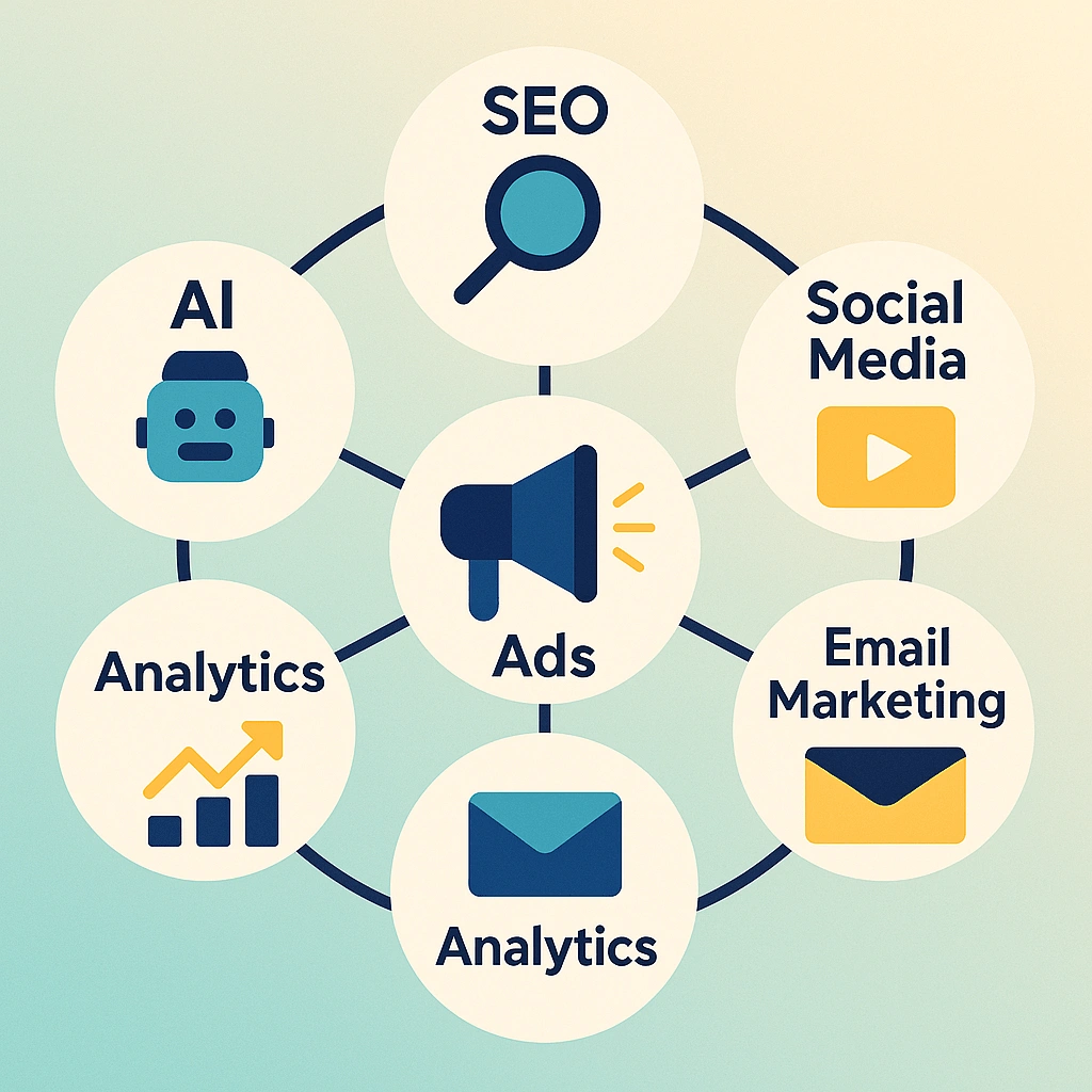 Infographic-style illustration showing connected icons representing SEO, Google Ads, social media, email marketing, analytics, and AI tools in a circular marketing ecosystem.