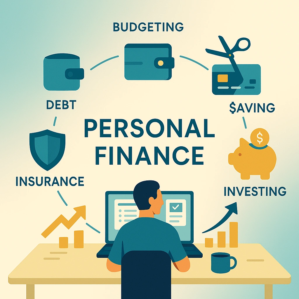 Infographic flat illustration showing interconnected icons for budgeting, debt, saving, investing, insurance, and retirement in a circular composition.