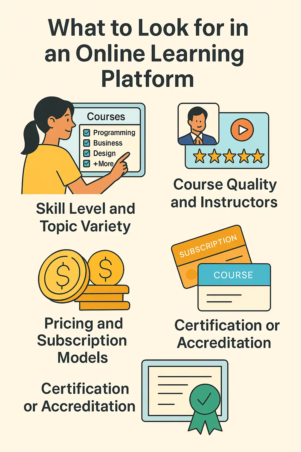 How to Choose an E-Learning Platform – Infographic Infographic showing five factors to choose an online learning platform: skill level, instructor quality, pricing, certification, interactivity.