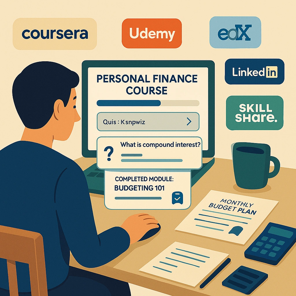 Flat digital illustration of a student taking an online personal finance course surrounded by floating logos of popular learning platforms and budgeting notes.