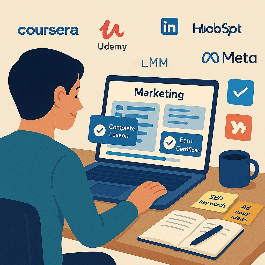 Flat illustration of a student taking an online digital marketing course on a laptop, surrounded by certificates, icons, and course progress visuals.