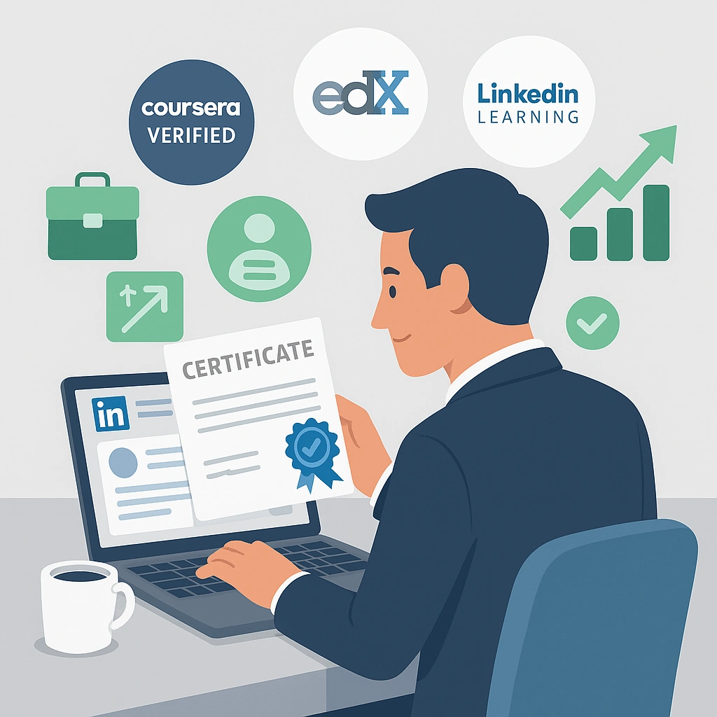 Person receiving a verified business course certificate and updating their LinkedIn profile, with icons of job offers and resume highlights