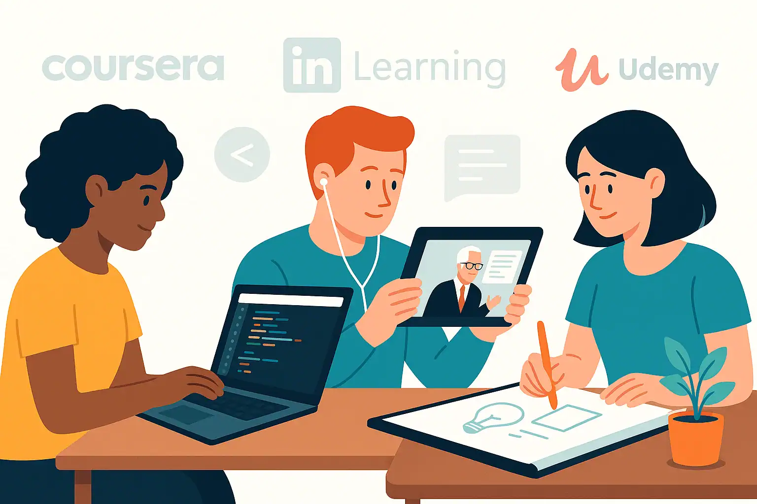 Online Learning Illustration – SkillSpringer Hero Illustration of three diverse learners studying online using Coursera, Udemy, and Skillshare from home workspaces.