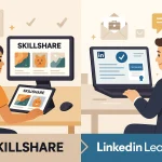 Split-screen flat illustration showing a freelancer showcasing creative work on a portfolio from Skillshare and a professional updating a LinkedIn profile with a new certificate from LinkedIn Learning.