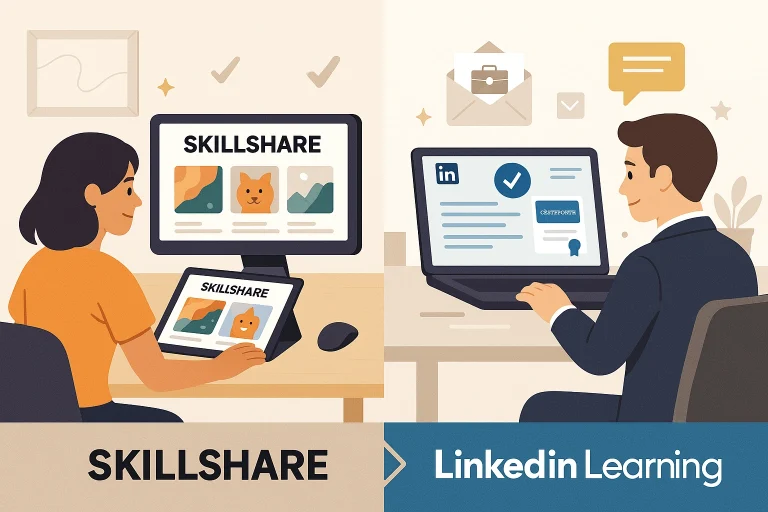 Split-screen flat illustration showing a freelancer showcasing creative work on a portfolio from Skillshare and a professional updating a LinkedIn profile with a new certificate from LinkedIn Learning.