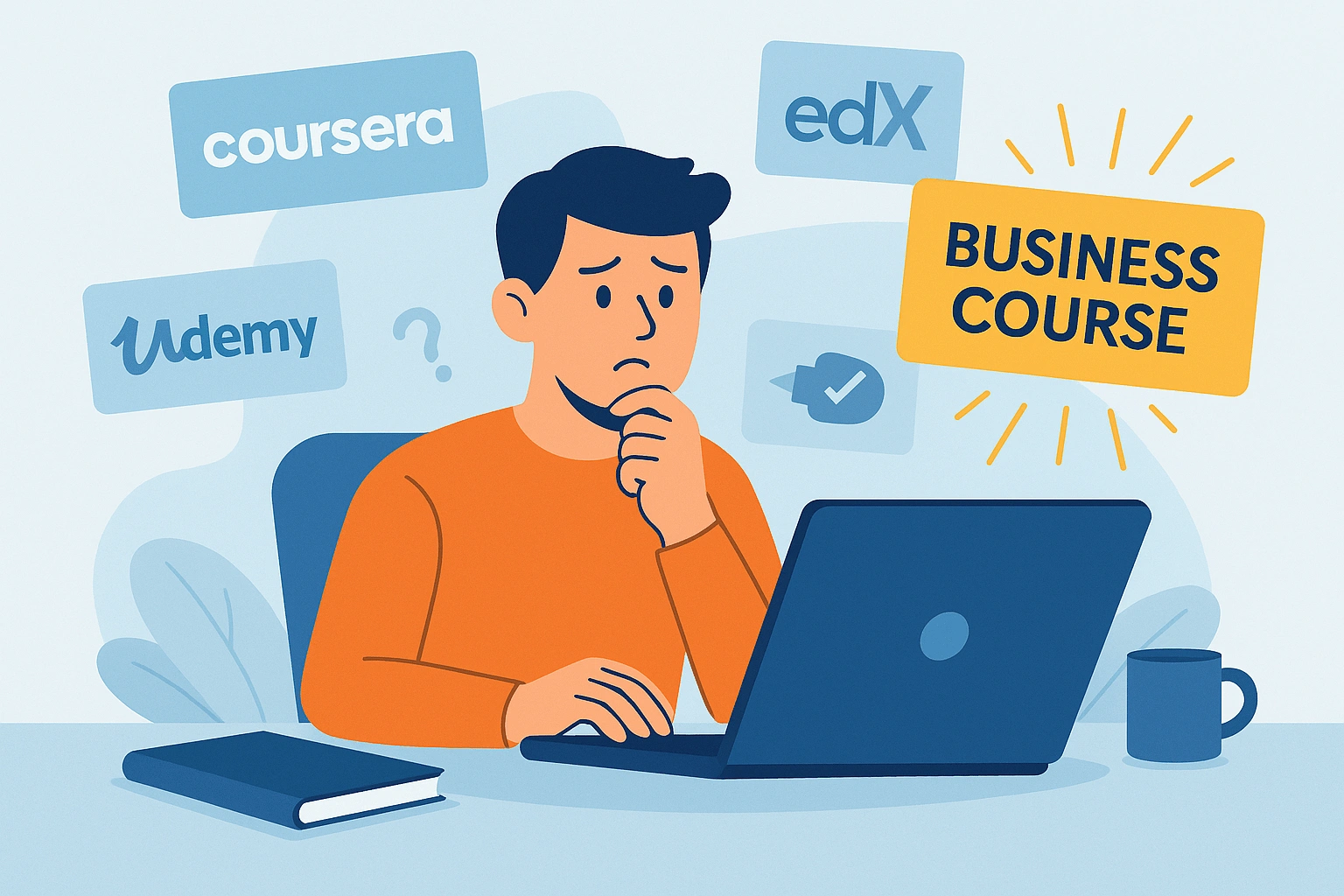 Confused man researching online business courses on a laptop.