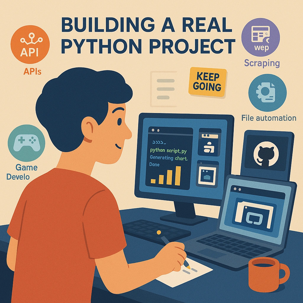 Real Python Projects – Learn by Building and Coding Narrative-style illustration of a learner coding a real Python project with terminal, charts, and GitHub open on screen; icons for APIs, web scraping, and automation surround them. Motivational and tech-focused workspace.