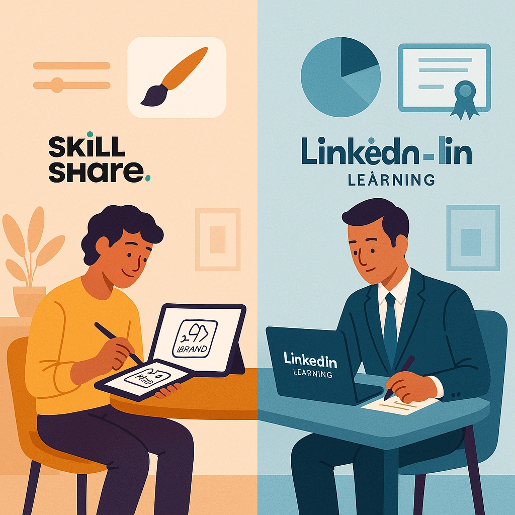Skillshare Learner vs LinkedIn Learning Professional Study Scene Narrative-style digital illustration of a creative professional sketching on a tablet while watching a Skillshare branding class, contrasted with a corporate learner studying Excel on LinkedIn Learning.