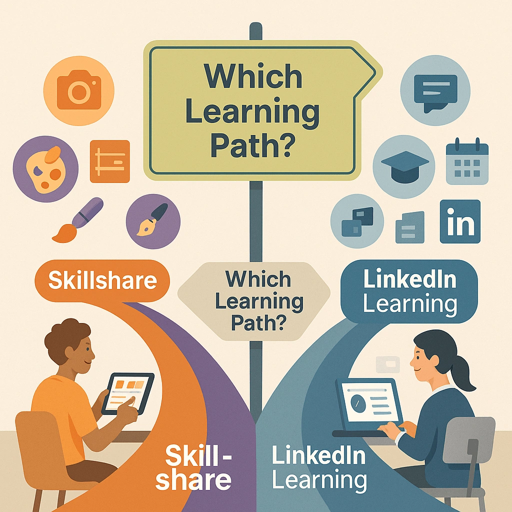 Which Platform Should You Choose Skillshare or LinkedIn Learning Infographic-style scene with two diverging learning paths—Skillshare with creative icons like a camera and calligraphy pen, and LinkedIn Learning with diploma, calendar, and job-focused icons.