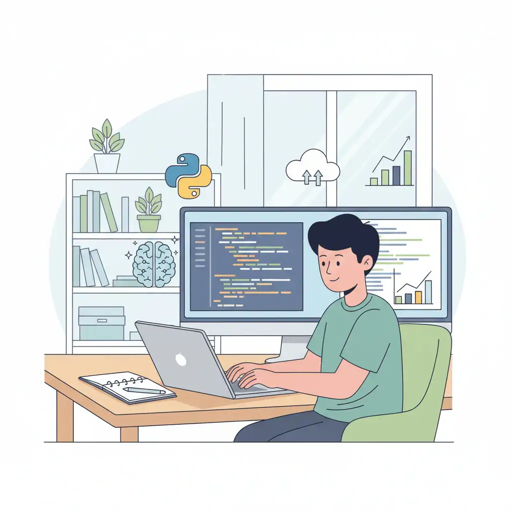 Young Developer Learning Programming Online Flat-style illustration of a young adult coding on a laptop with icons for Python, AI, cloud computing, and data charts in a modern home office.