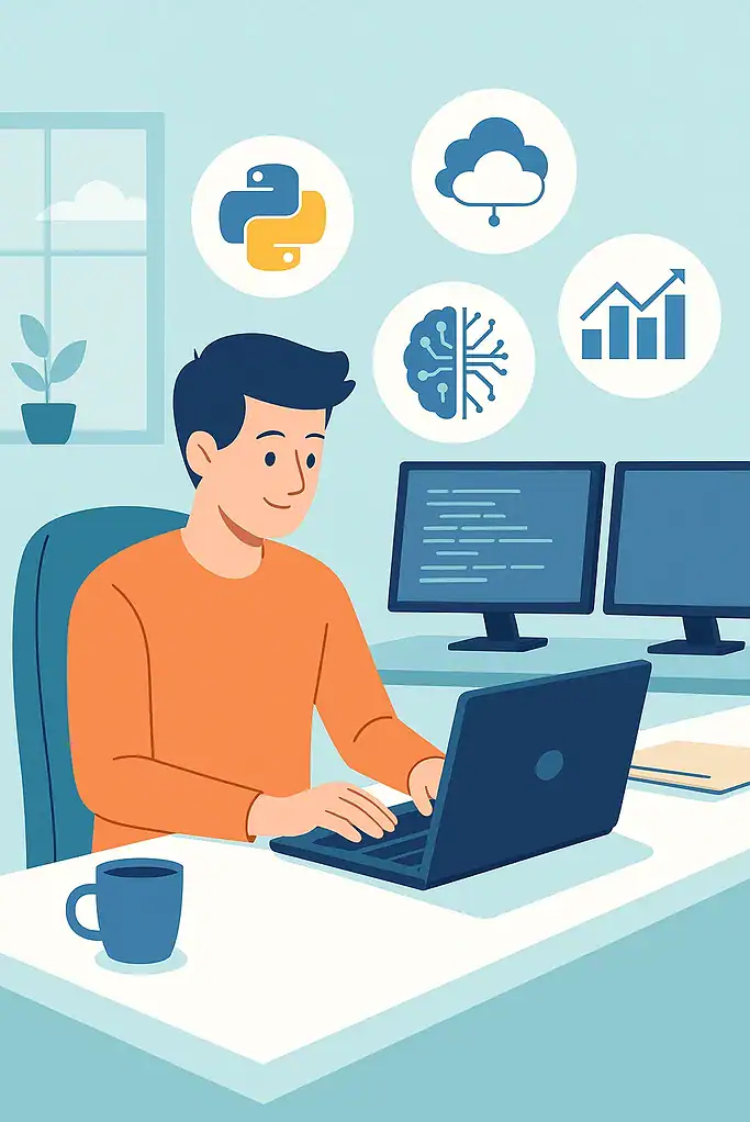 young Learner Exploring Top Online Tech Courses Online learning concept with a person working on a laptop surrounded by technology icons.